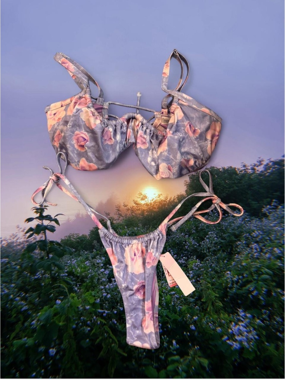 Victoria’s Secret Pink Floral Tie-String Bikini Set in Lavender Pink S 36DDD